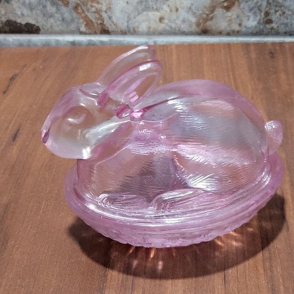 VTG Pink Purple Easter Bunny Rabbit Glass Covered Trinket Oval Candy Dish Transl - Picture 8 of 13